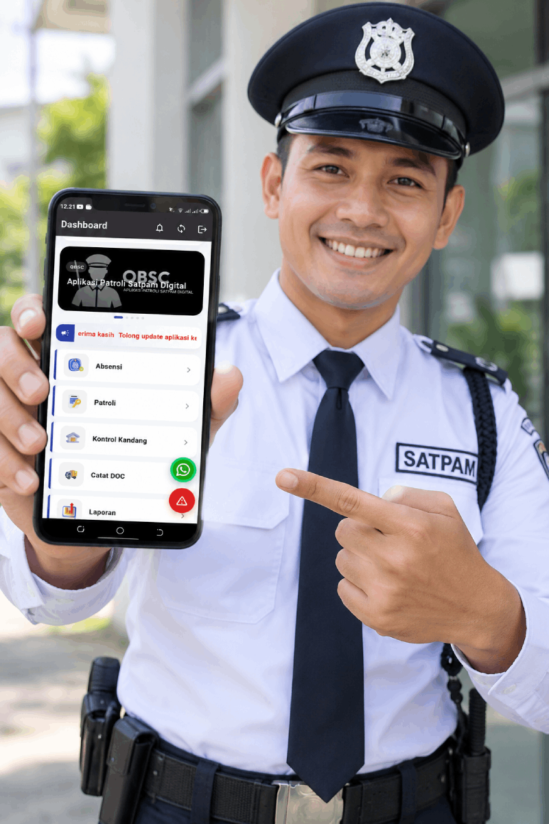 Satpam menggunakan aplikasi patroli satpam digital QBSC